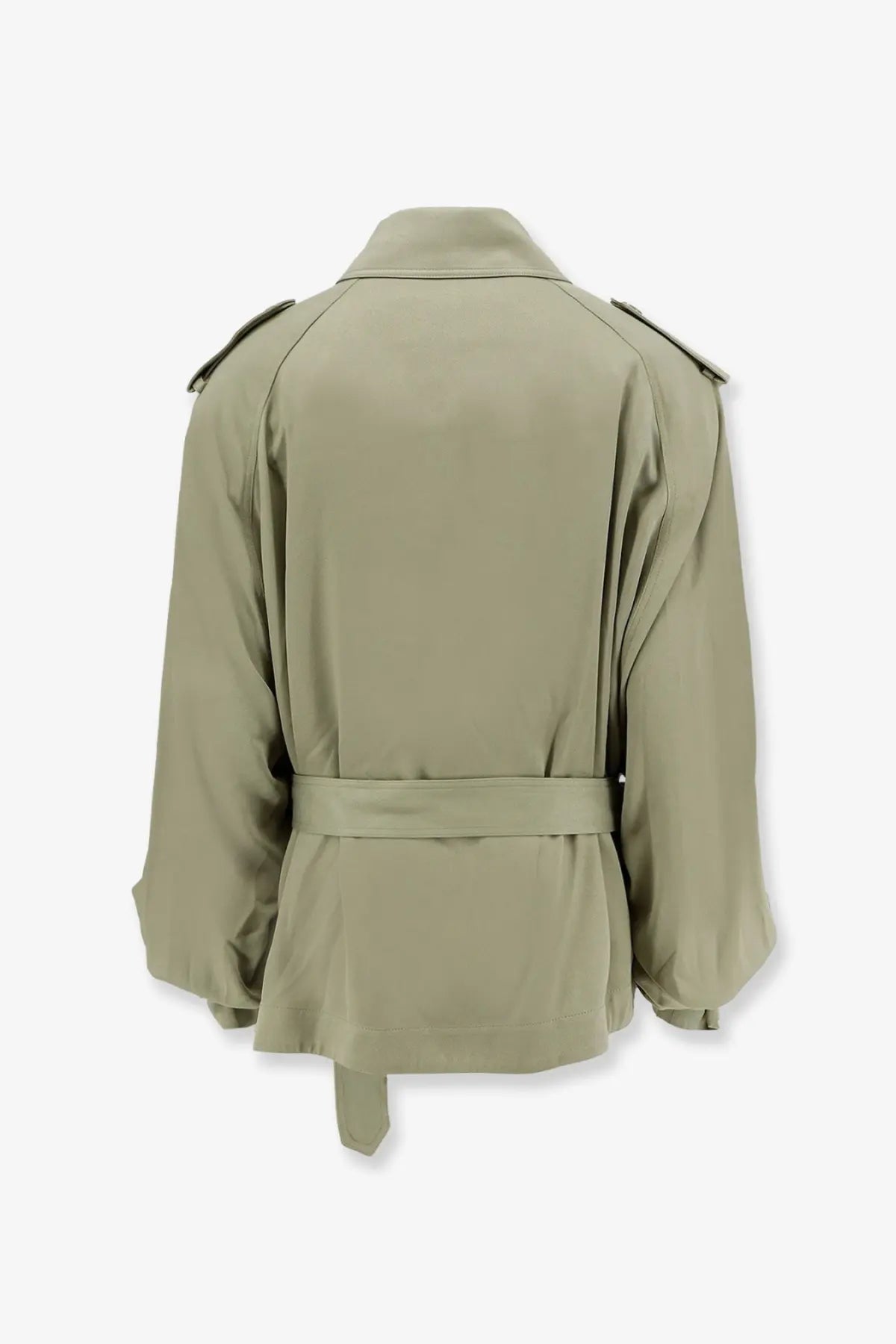 The Frankie Shop women’s elva fluid viscose olive green trench coat with structured shoulders and matching belt