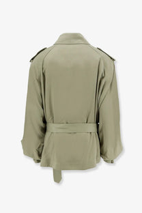 The Frankie Shop women’s elva fluid viscose olive green trench coat with structured shoulders and matching belt