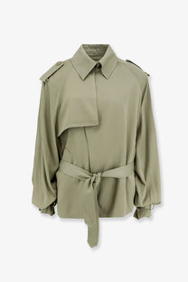 The Frankie Shop women’s elva fluid viscose trench coat in olive green with a belted waist and shoulder epaulets