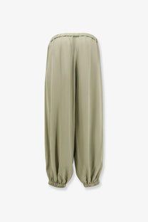 Olive green wide-leg viscose trousers with elasticated waist and cuffs from the frankie shop womens isola ballon fluid line