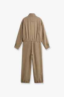 Tan utility jumpsuit with high collar elastic waistband and cuffed ankles made from viscose and linen by the frankie shop