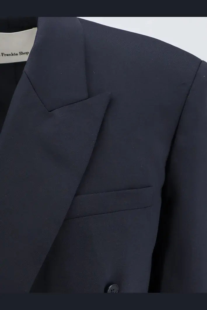 The Frankie Shop women’s monterey structured wool blend blazer in dark navy with tailored lines and structured shoulders