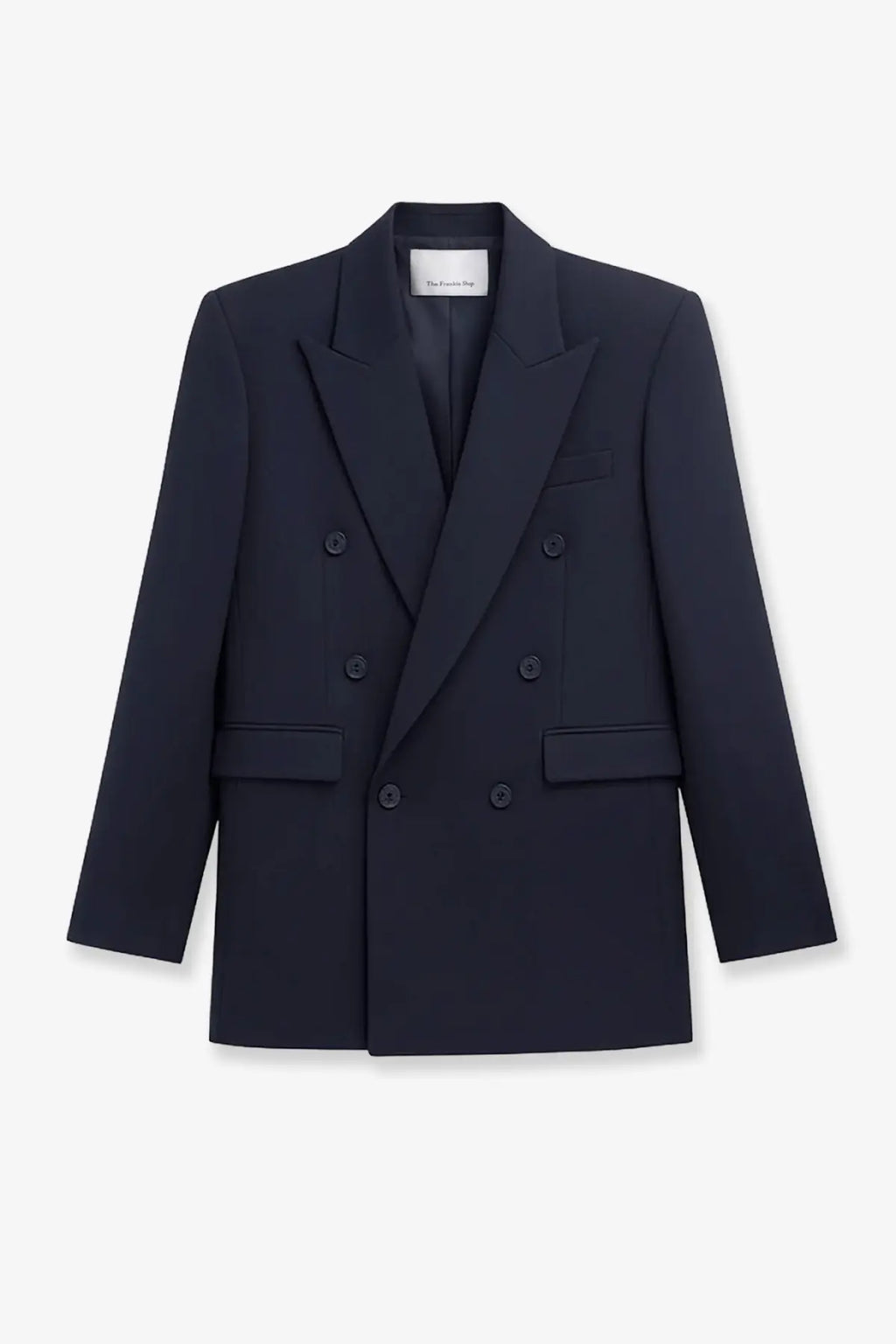A sleek navy blue double-breasted blazer with a structured silhouette and matching buttons from The Frankie Shop