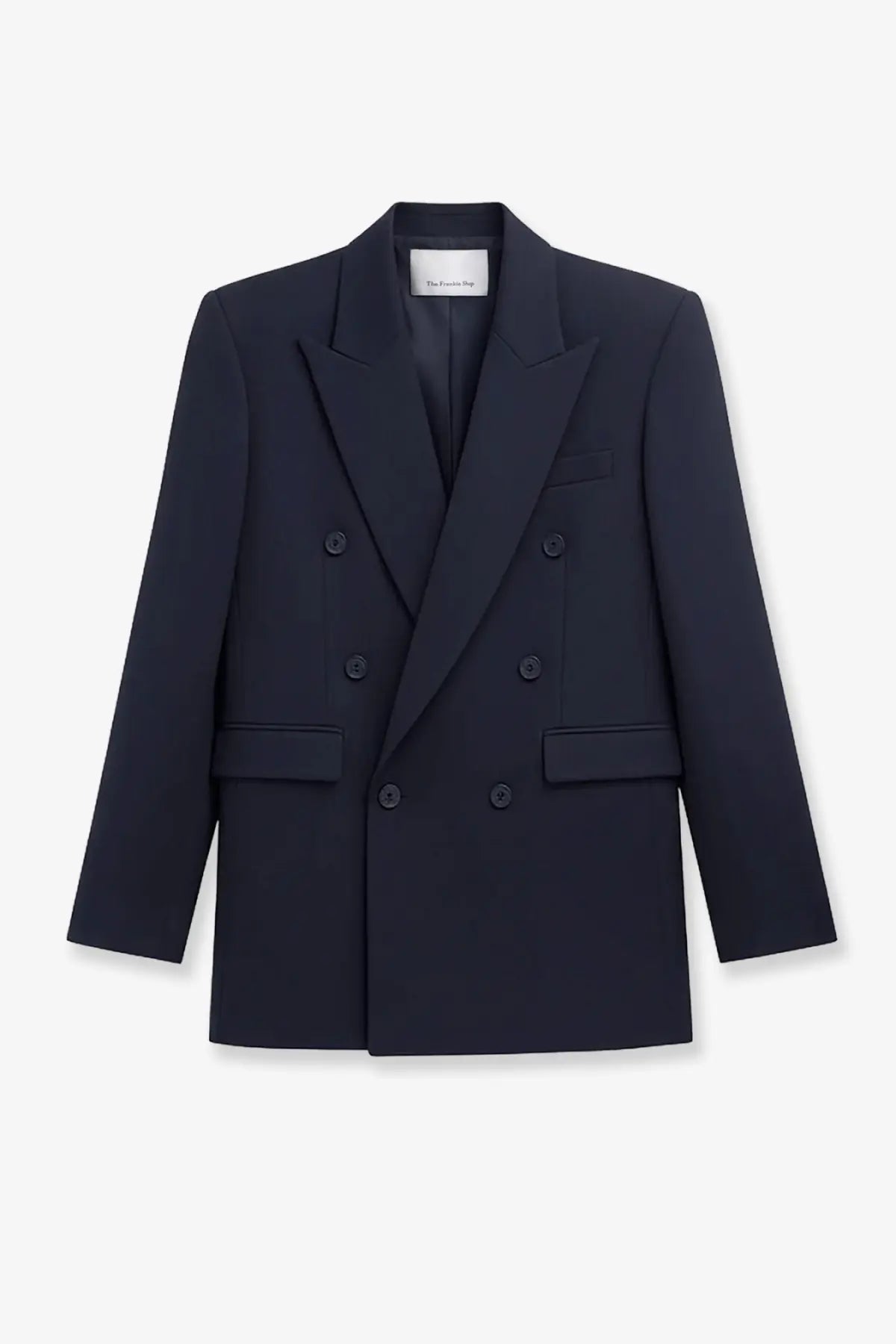 A sleek navy blue double-breasted blazer with a structured silhouette and matching buttons from The Frankie Shop