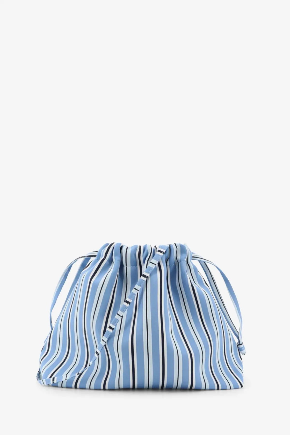 The Frankie Shop women’s Morgan pochette blue drawstring bag with light blue and black vertical stripes and soft gathered fabric
