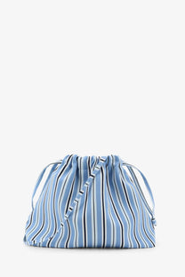 The Frankie Shop women’s Morgan pochette blue drawstring bag with light blue and black vertical stripes and soft gathered fabric