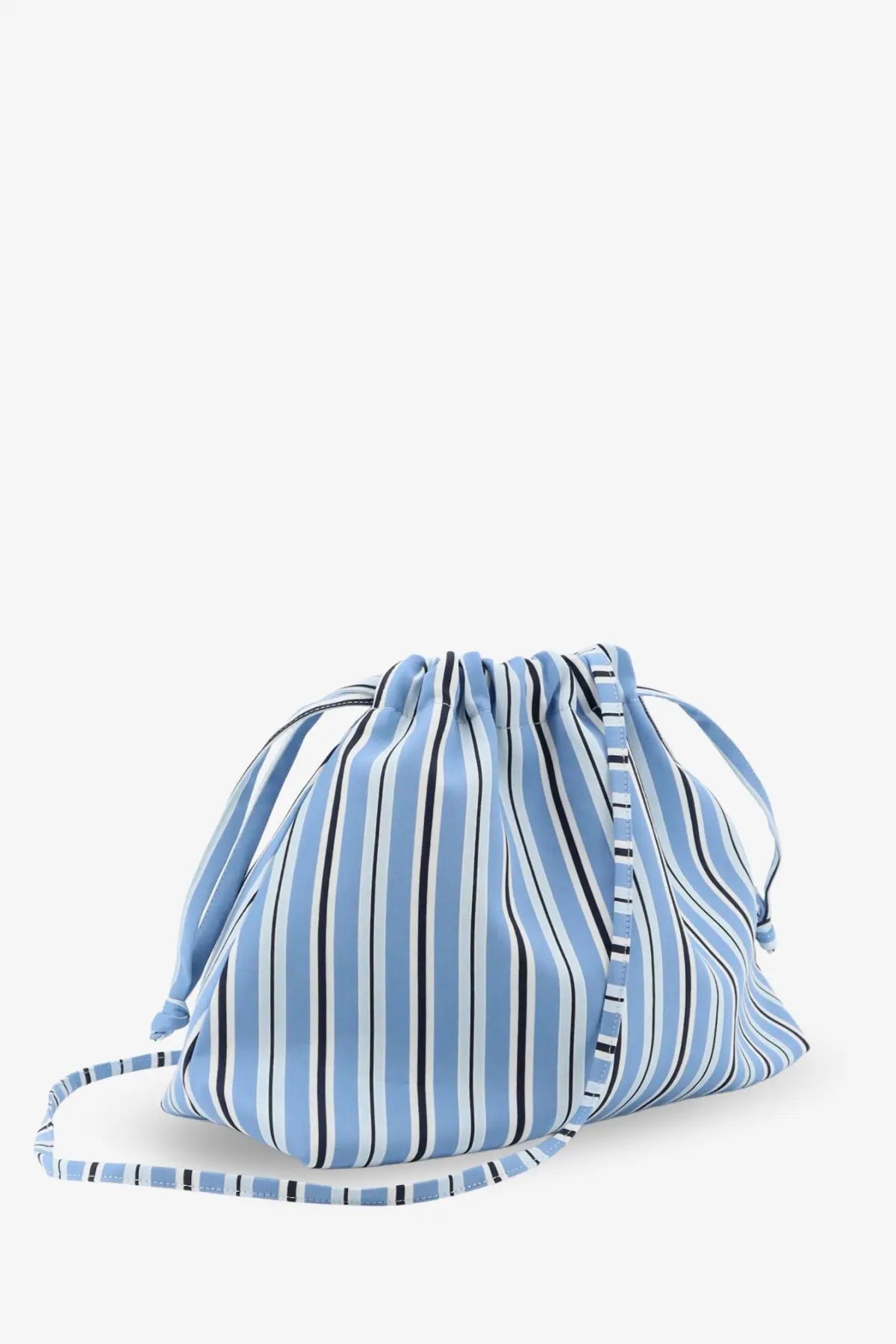The Frankie Shop women’s Morgan pochette is a light blue and black striped drawstring bag with an adjustable strap