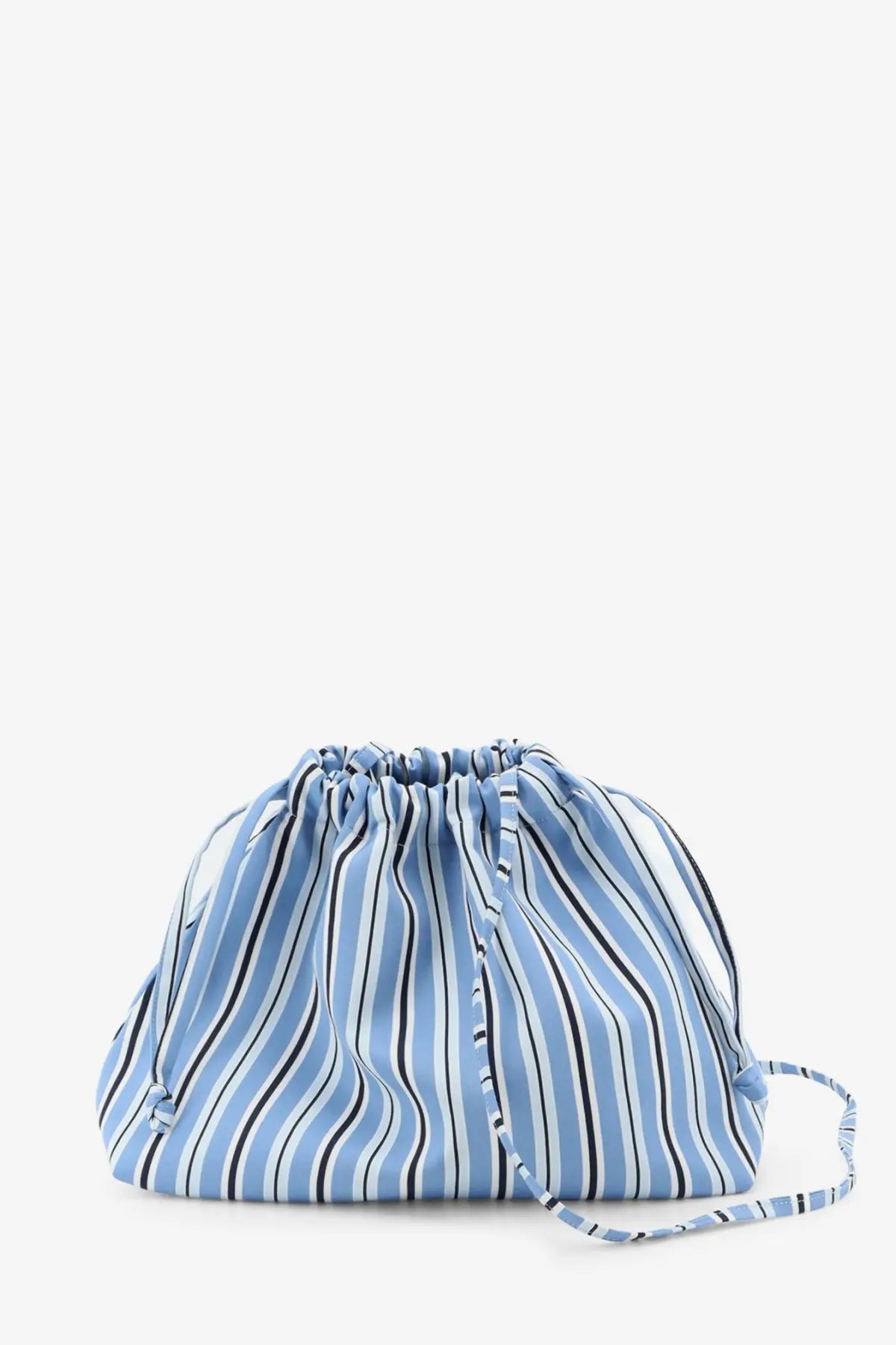 The Frankie Shop women’s Morgan pochette blue drawstring bag with light blue and black vertical stripes and adjustable strap