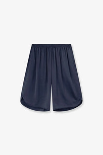 Navy blue silk satin bermuda shorts with relaxed silhouette and elastic waistband by the frankie shop womens nelis