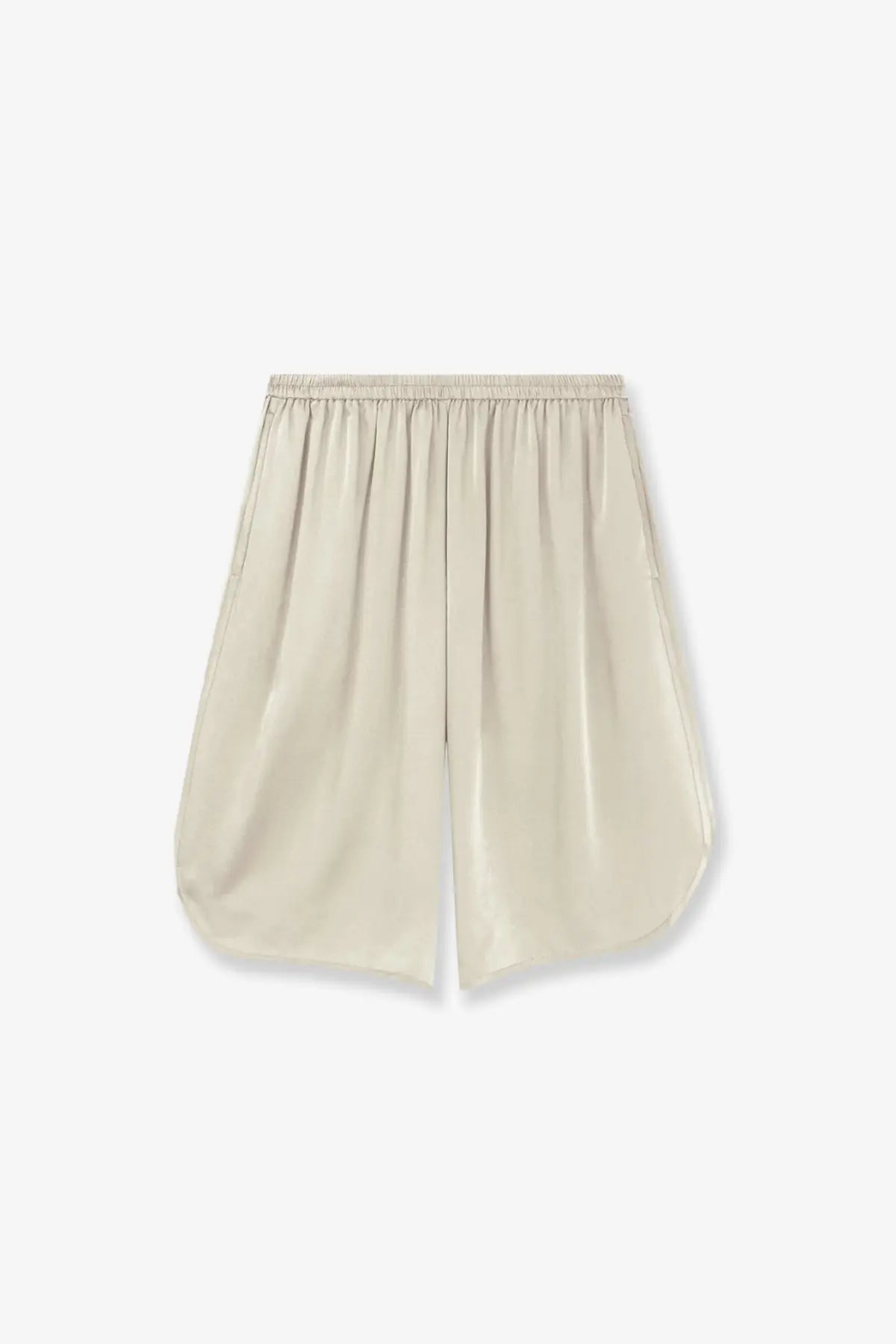 Beige satin bermuda shorts with elastic waistband and relaxed flowing silhouette from the frankie shop