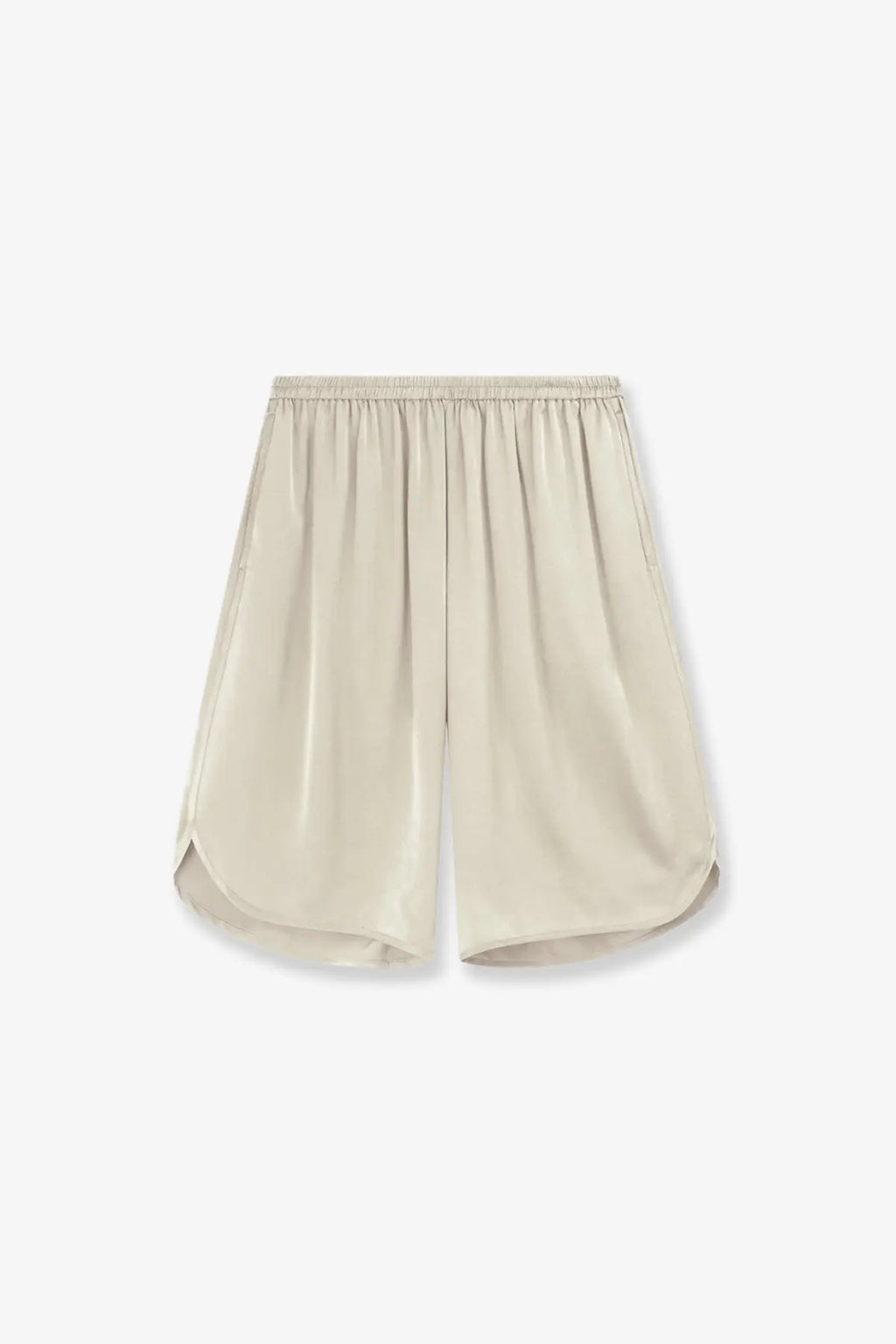 Beige silk nelis satin bermuda shorts from the frankie shop with an elastic waistband and relaxed flowy silhouette