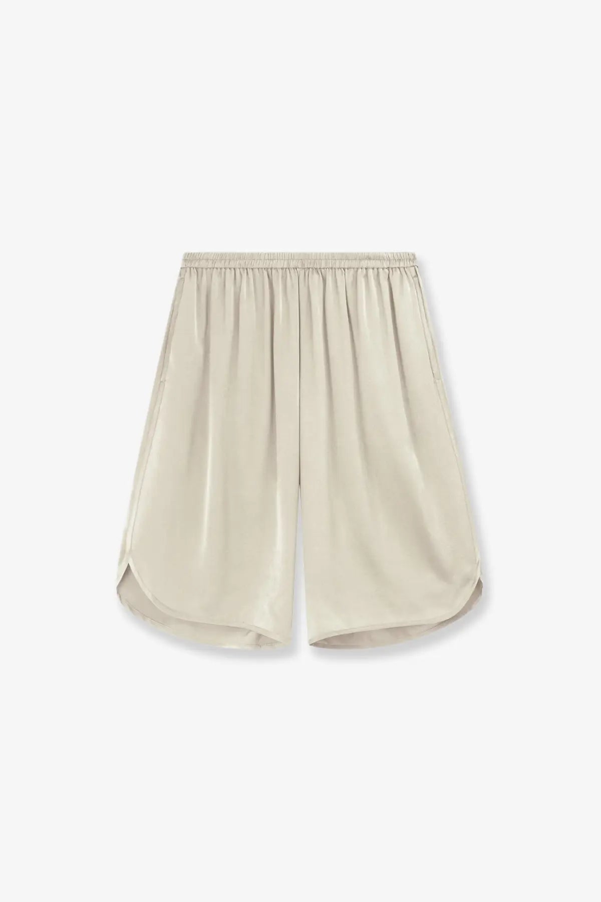 Beige silk nelis satin bermuda shorts from the frankie shop with an elastic waistband and relaxed flowy silhouette