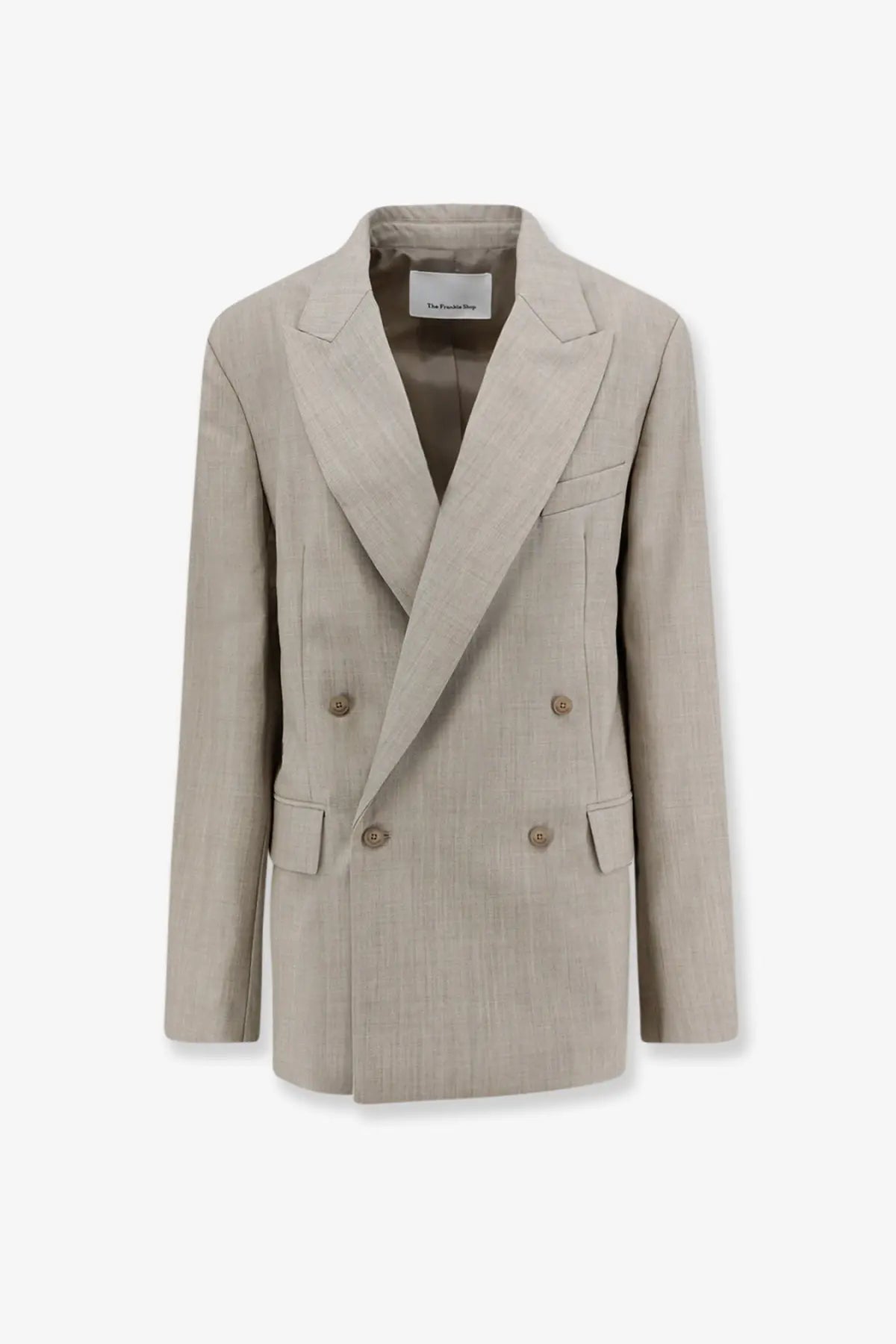 Beige double-breasted blazer with subtle textured weave and matching buttons by The Frankie Shop in virgin wool
