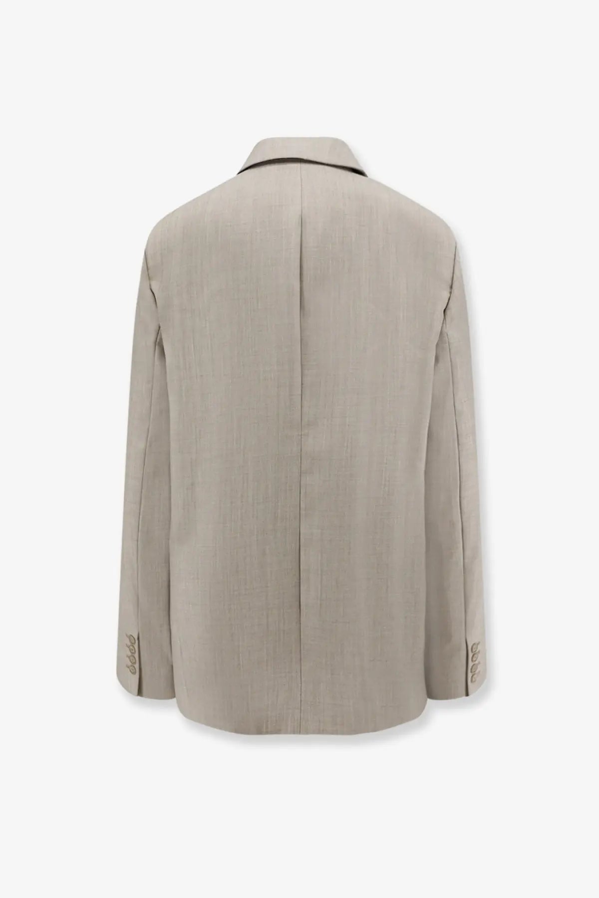 The Frankie Shop women’s beige virgin wool blazer features a subtle vertical weave and black trim on the collar