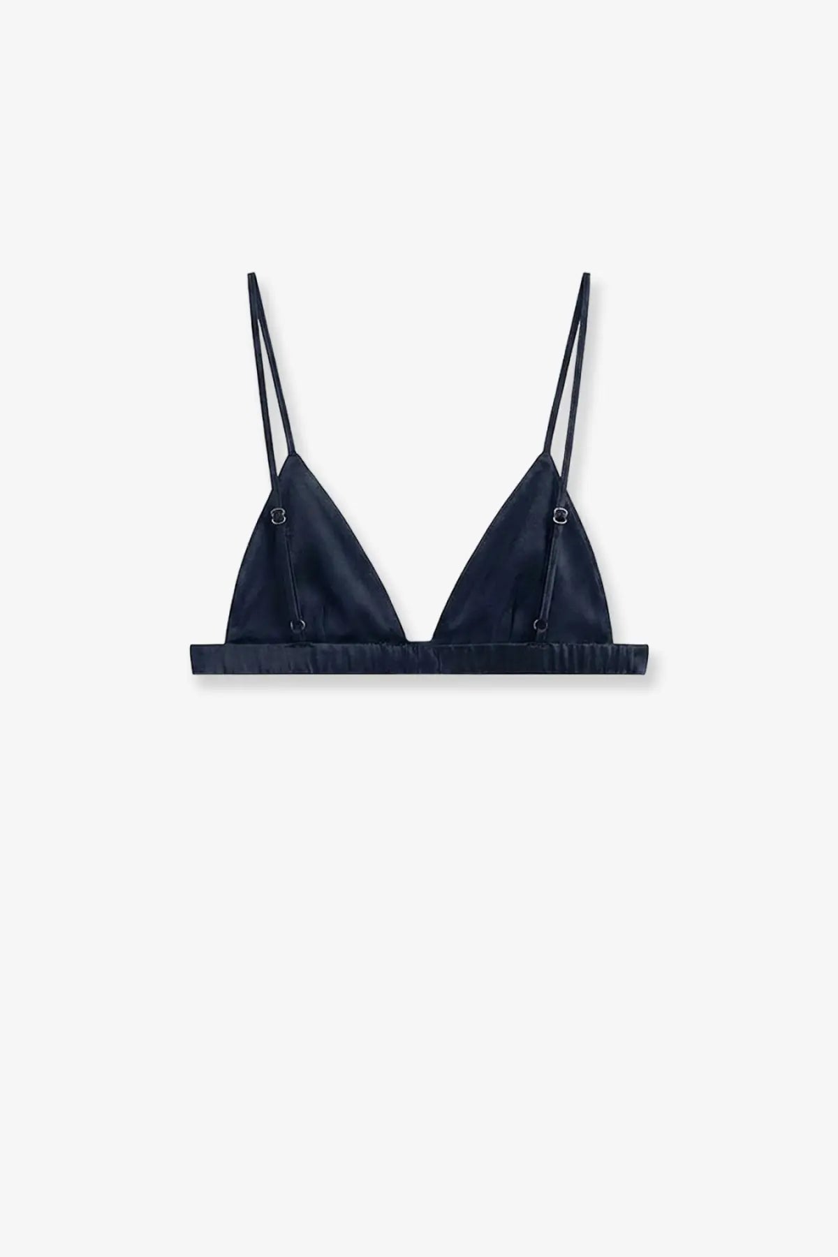 The Frankie Shop women’s nina satin bralette blue black satin triangle bra with thin straps and metallic hardware