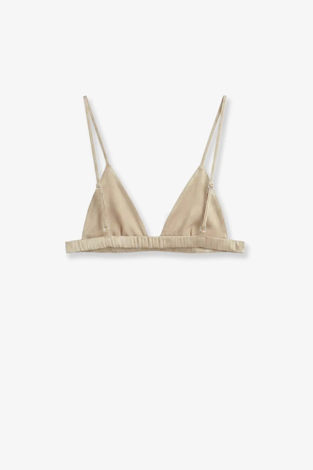Beige satin triangle bikini top with thin straps and gathered elastic band from the frankie shop nina satin bralette white collection