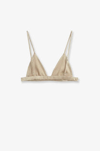 Beige satin triangle bikini top with thin straps and gathered elastic band from the frankie shop nina satin bralette white collection