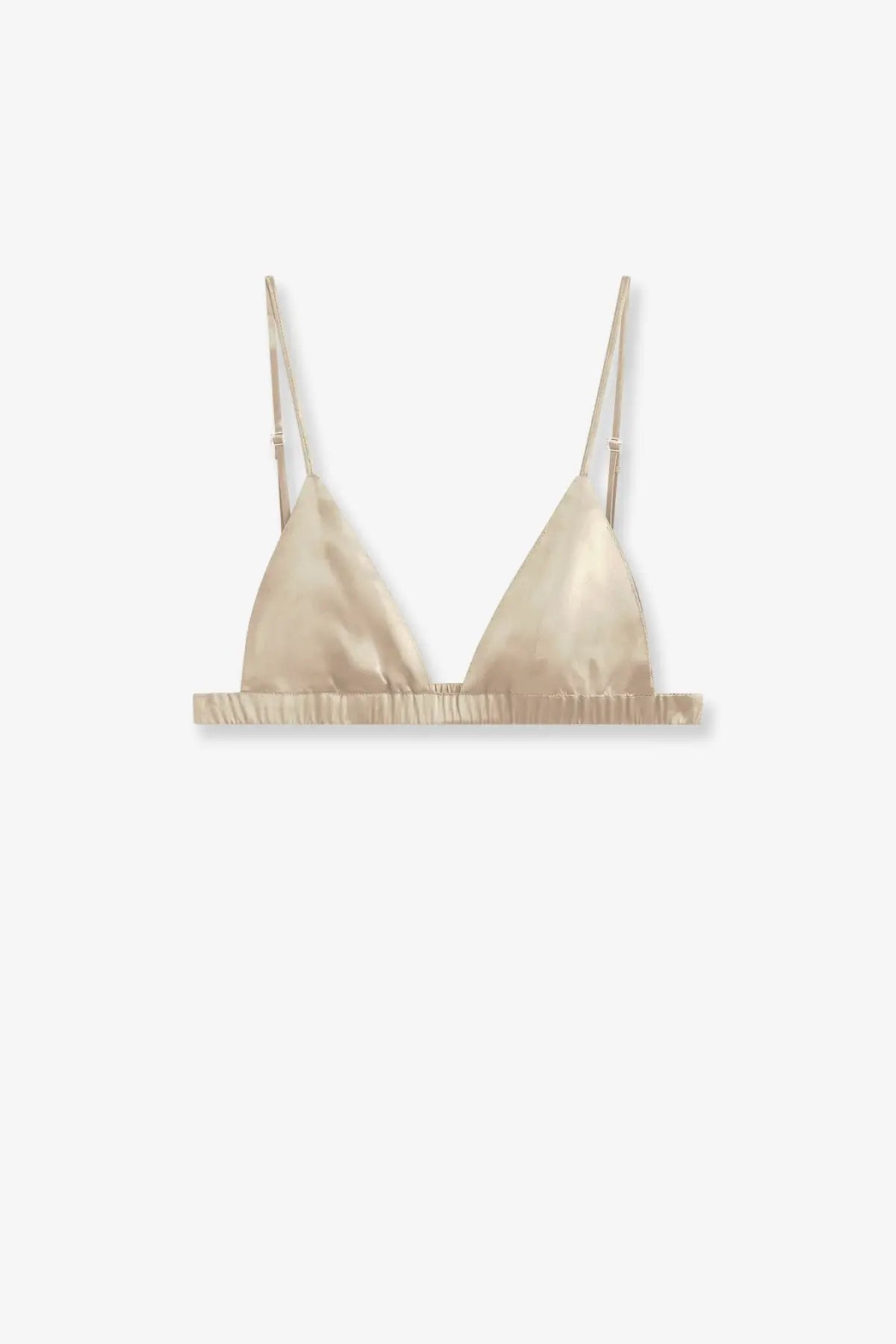 The Frankie Shop women’s nina satin bralette white features beige satin triangle cups with thin straps and a softly ruched band