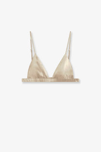 The Frankie Shop women’s nina satin bralette white features beige satin triangle cups with thin straps and a softly ruched band