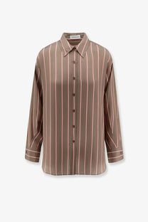 The Frankie Shop women’s peri fluid viscose and silk shirt in brown features a soft taupe silk blouse with pink stripes