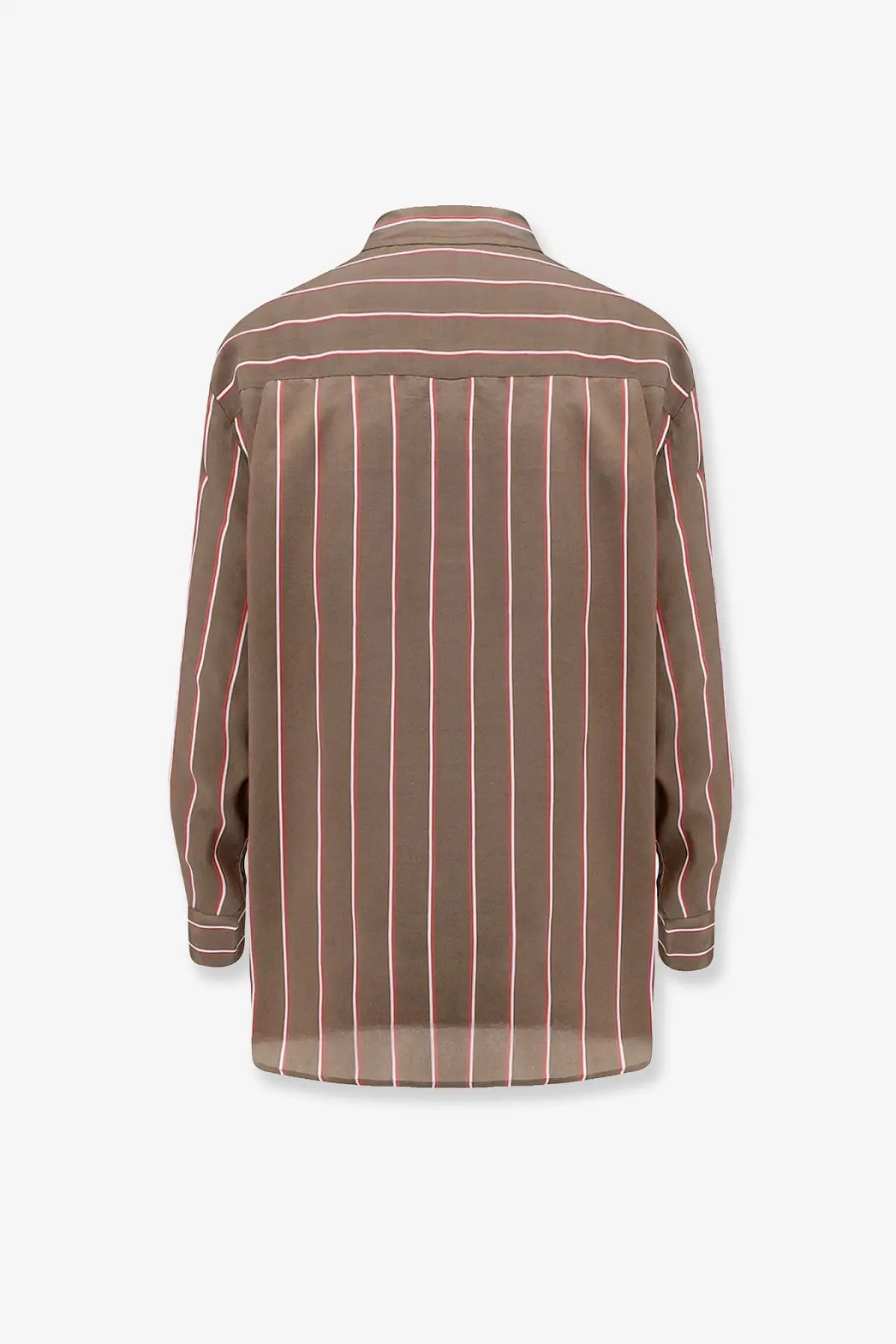 The Frankie Shop women’s peri fluid viscose and silk shirt brown features a taupe button-down with thin pink stripes