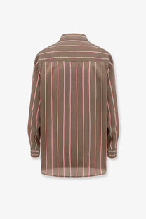 The Frankie Shop women’s peri fluid viscose and silk shirt brown features a taupe button-down with thin pink stripes