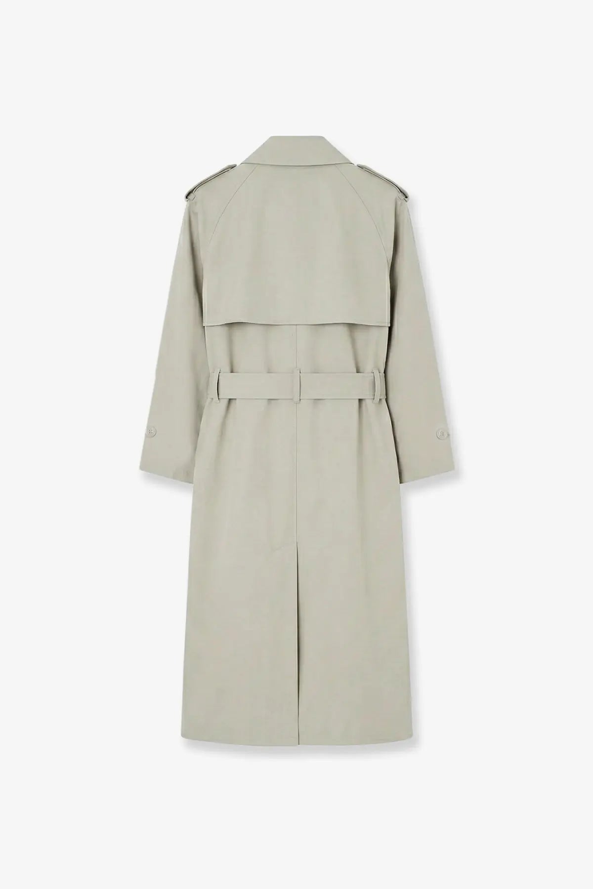 The Frankie Shop women’s beige trench coat features a structured collar and matching belt in a cotton blend