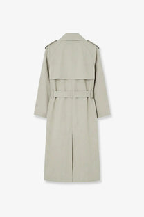 The Frankie Shop women’s beige trench coat features a structured collar and matching belt in a cotton blend