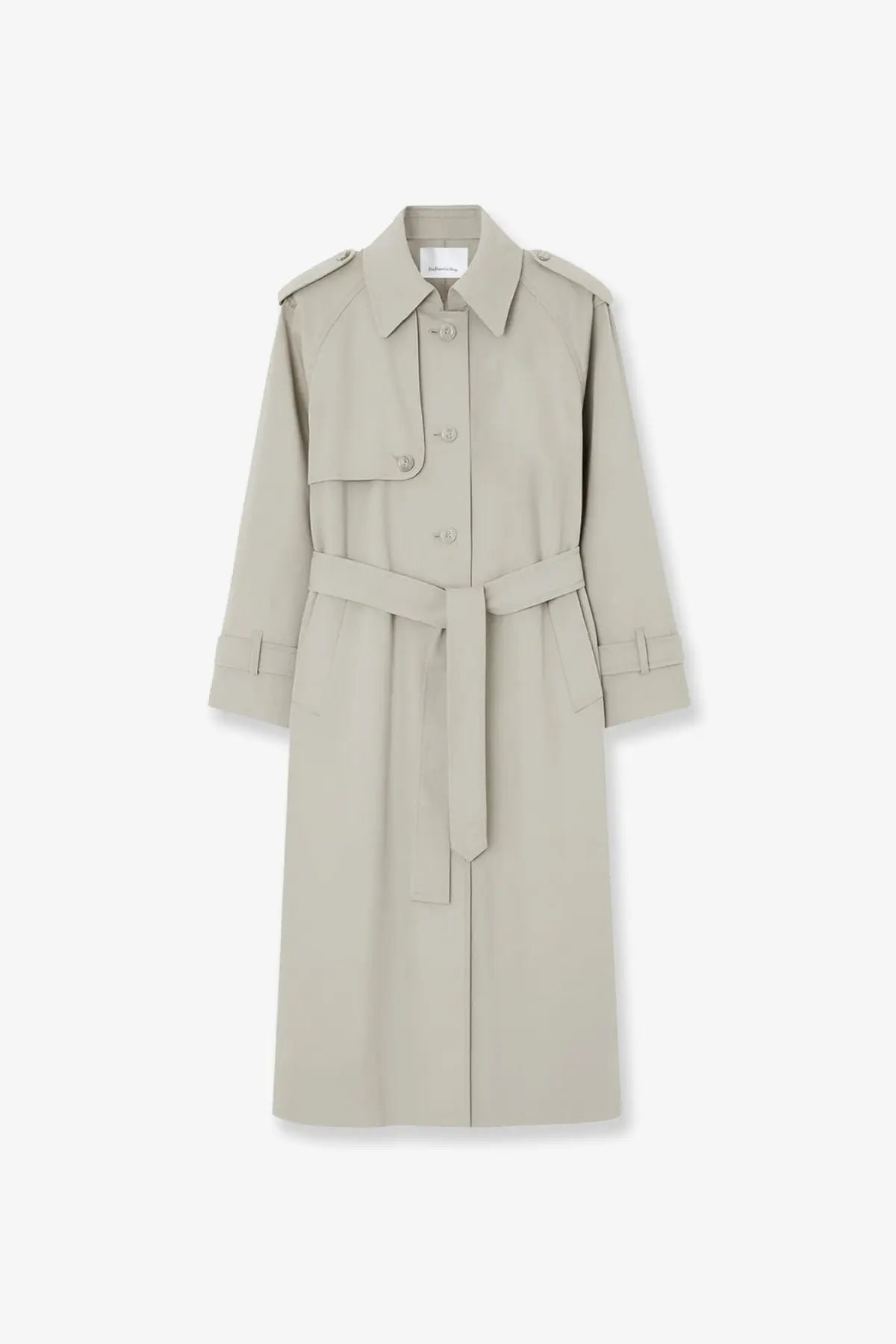 The Frankie Shop women’s riva beige trench coat features a cotton blend fabric, classic collar, shoulder epaulets, and self-tie belt
