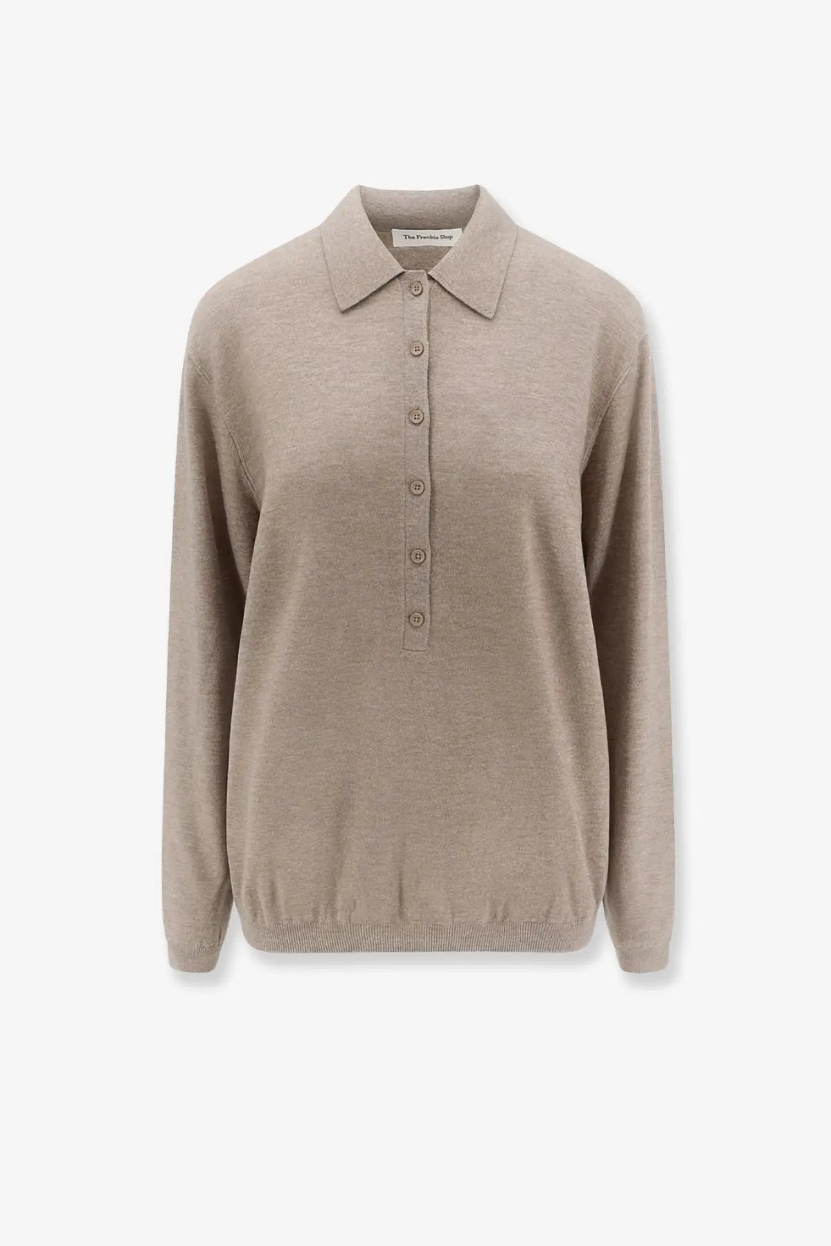 The Frankie Shop women’s Tala wool blend polo shirt beige features a soft knit fabric with a classic collar and button front