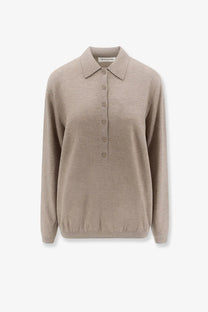 The Frankie Shop women’s Tala wool blend polo shirt beige features a soft knit fabric with a classic collar and button front