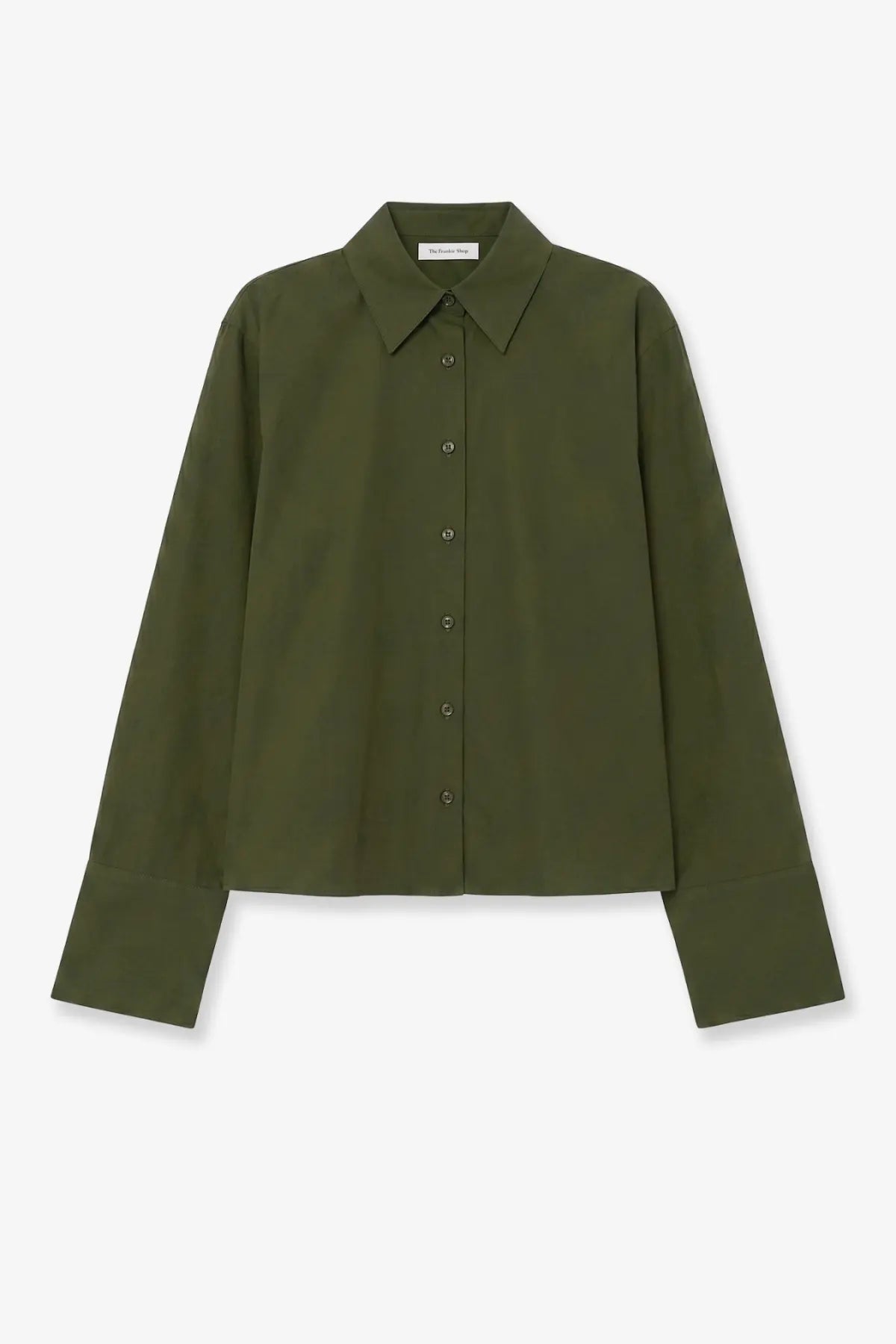 The Frankie Shop women’s Tila organic cotton shirt in olive green with a classic collar and long sleeves