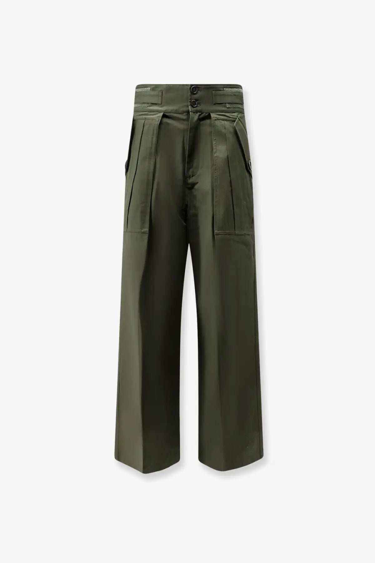 The Frankie Shop women’s tova cargo cotton trousers in olive green feature wide legs high waist button closure and front pockets