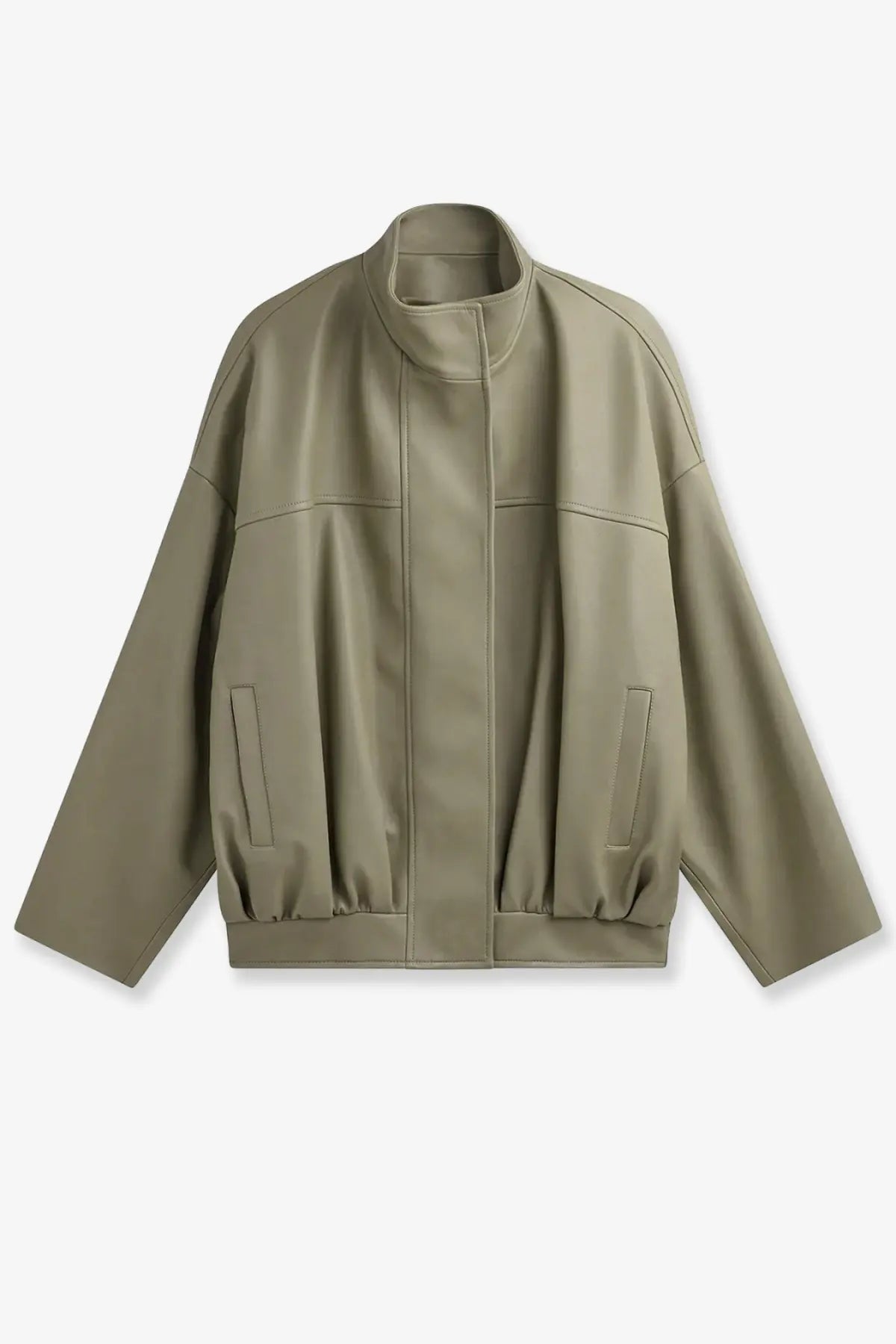 The Frankie Shop women’s Veren olive green faux leather bomber jacket with high collar and two side pockets
