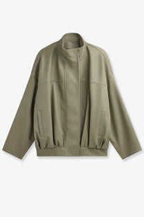 The Frankie Shop women’s Veren olive green faux leather bomber jacket with high collar and two side pockets