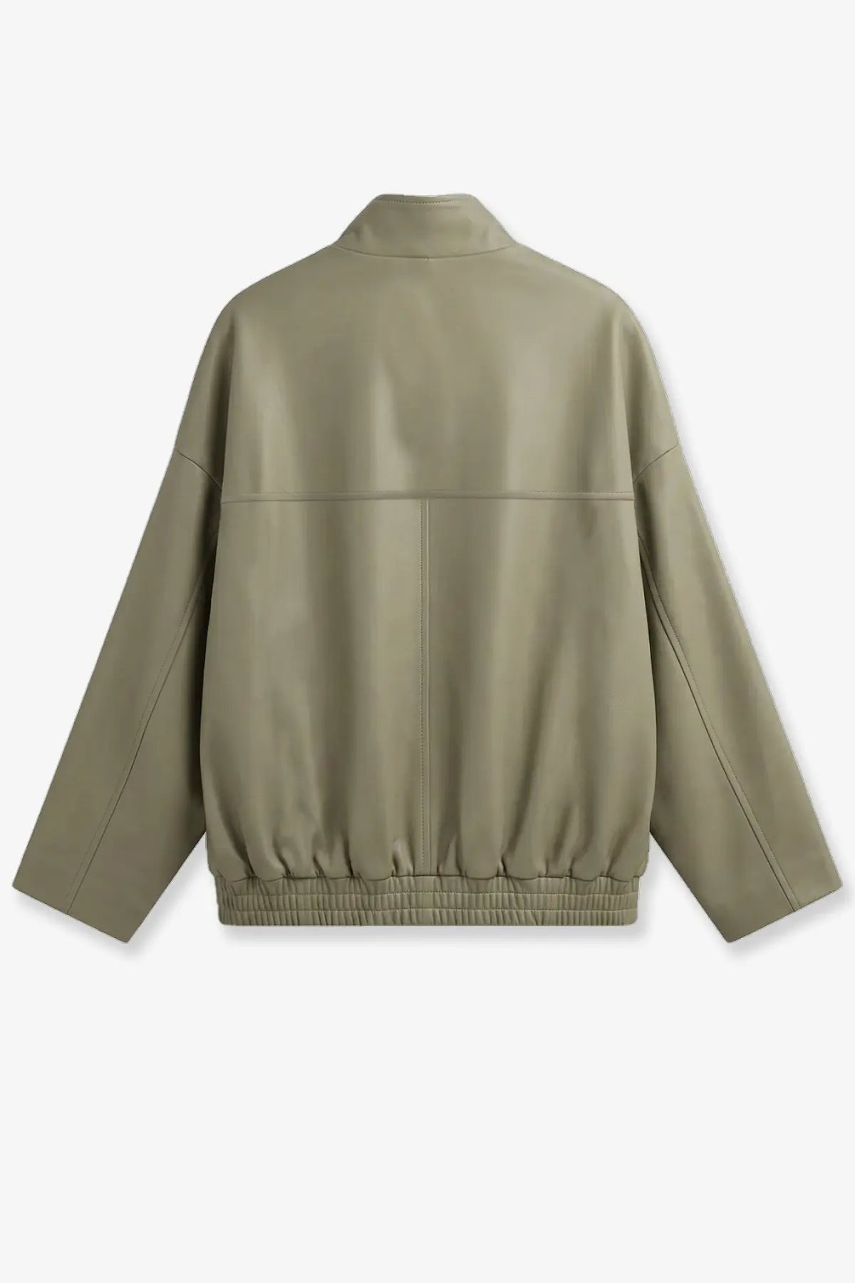 The Frankie Shop women’s Veren olive green faux leather bomber jacket with relaxed fit and elastic waistband