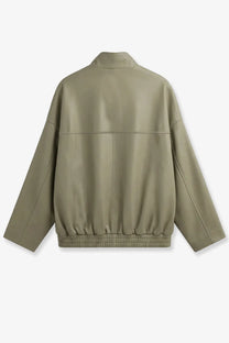 The Frankie Shop women’s Veren olive green faux leather bomber jacket with relaxed fit and elastic waistband