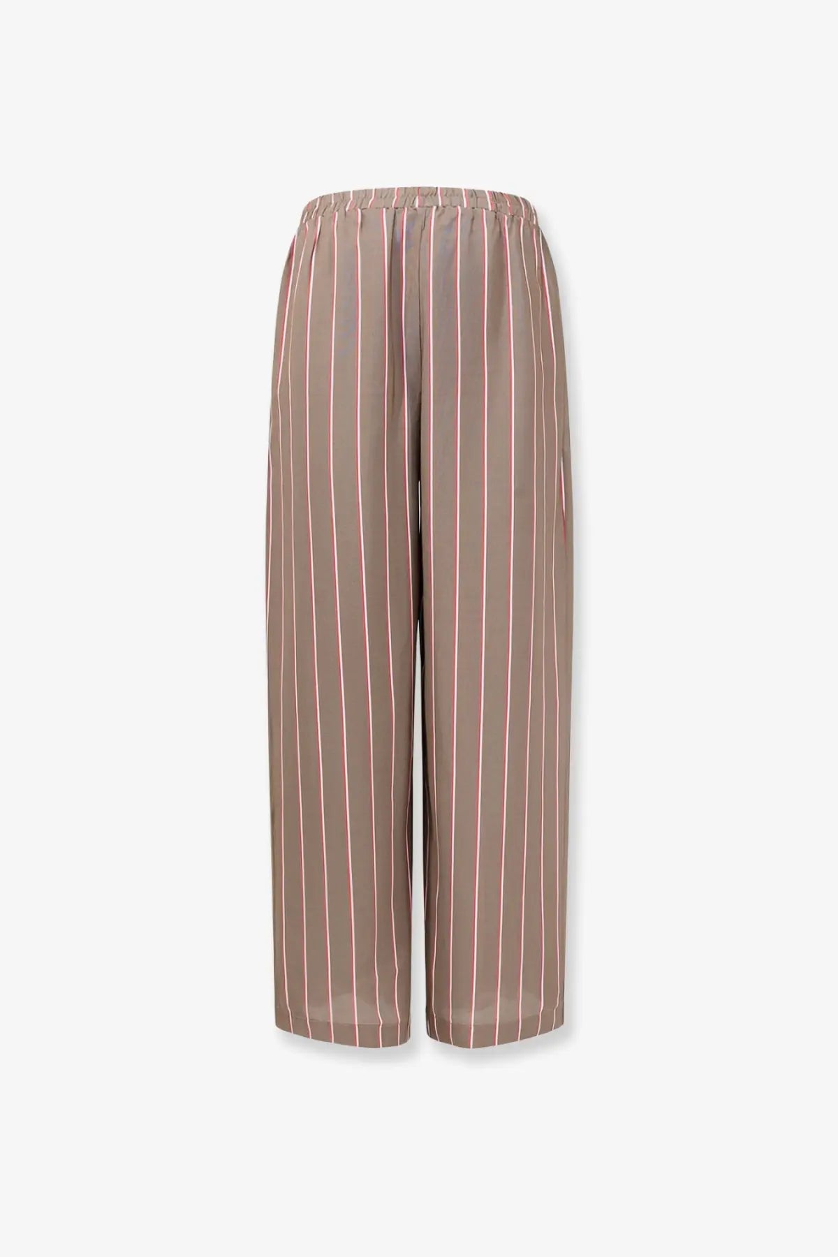The Frankie Shop women’s viscose and silk blend soft taupe trousers with pink stripes and elastic waistband