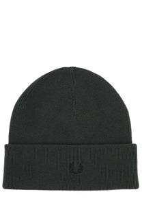 Fred Perry men’s dark olive green ribbed knit beanie with folded cuff and small black embroidered logo on front
