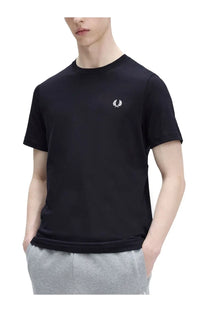 Black fred perry t-shirt with white embroidered laurel wreath logo on left chest for men’s classic blue shirt collection