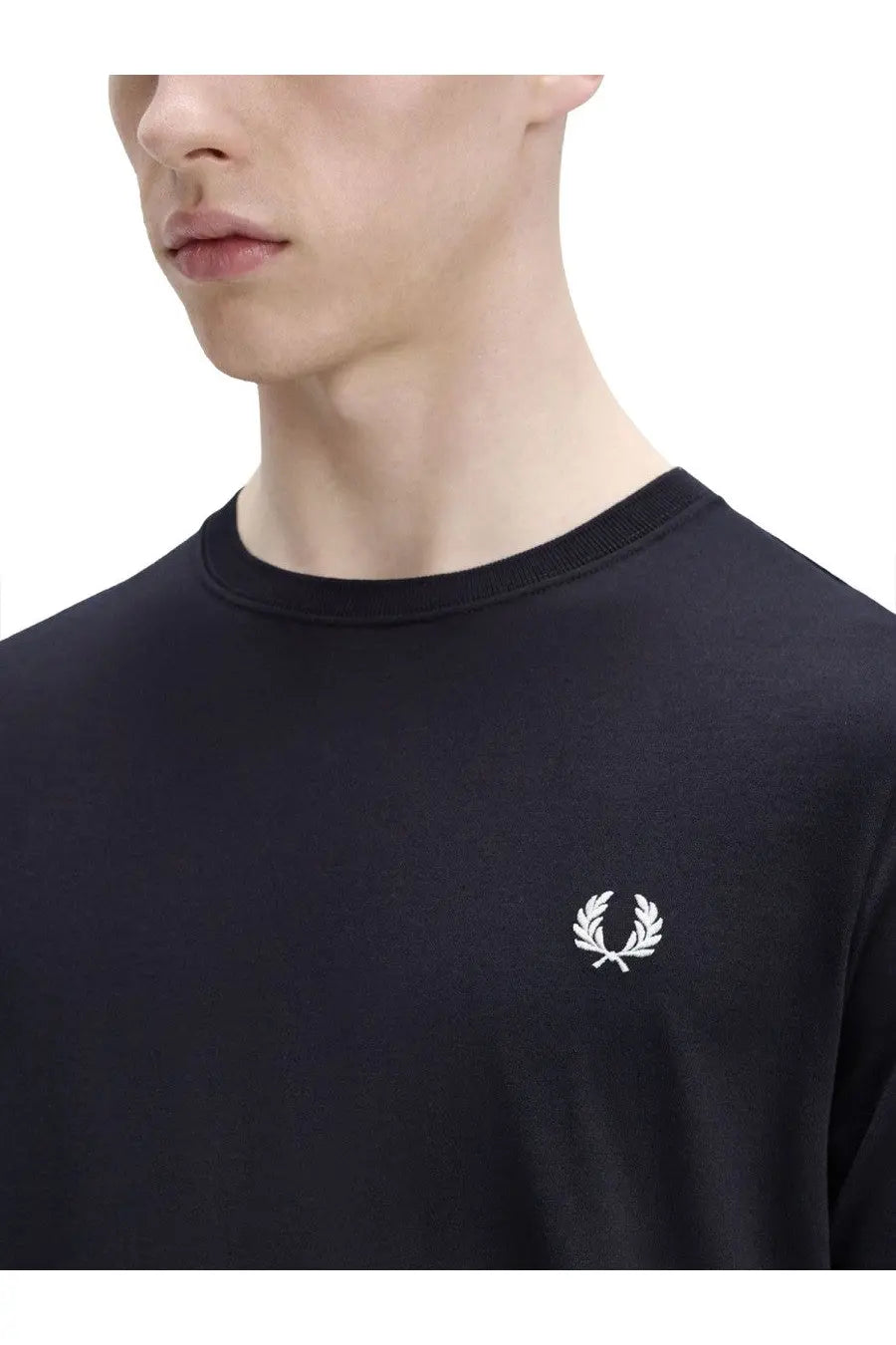 Black fred perry t-shirt with white embroidered laurel wreath logo on the left chest for men