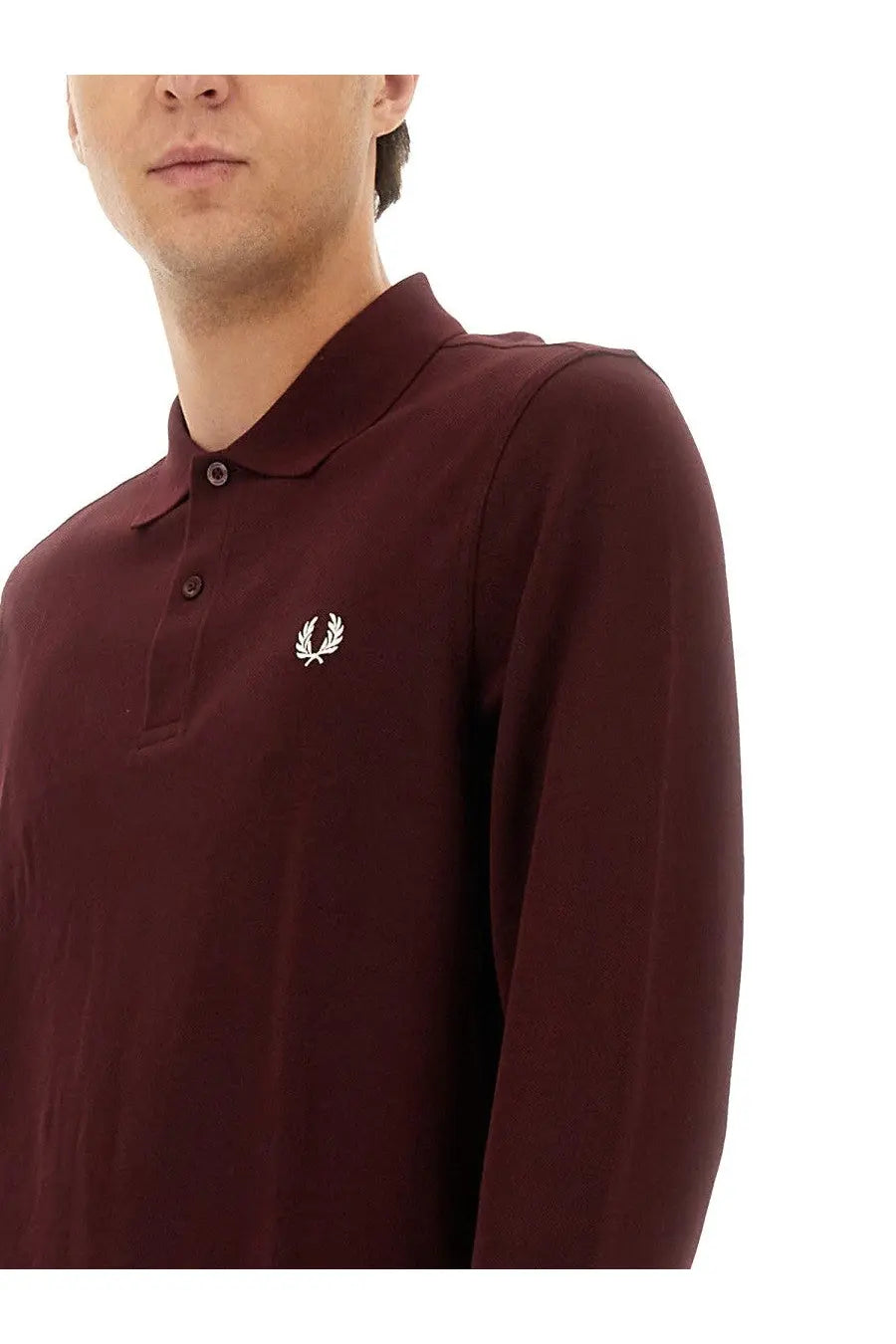 Fred Perry men’s cotton polo red long-sleeved shirt with white embroidered laurel wreath logo on the chest