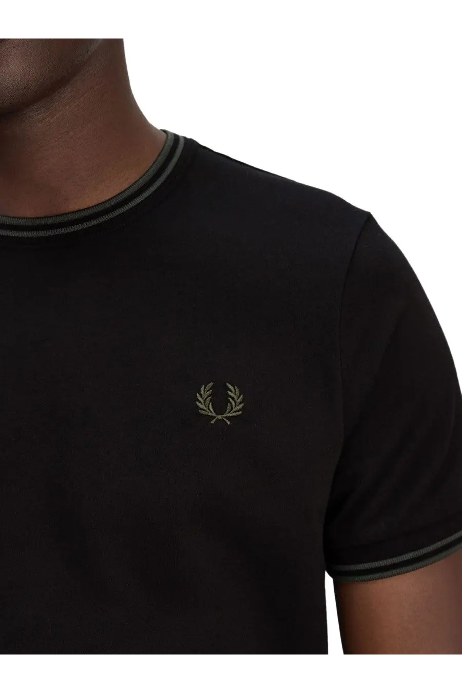 Fred Perry men’s double stripe black t-shirt with gold laurel wreath logo and dark green ribbed collar and sleeve cuffs