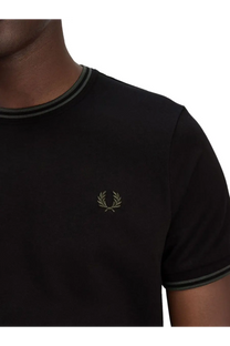 Fred Perry men’s double stripe black t-shirt with gold laurel wreath logo and dark green ribbed collar and sleeve cuffs