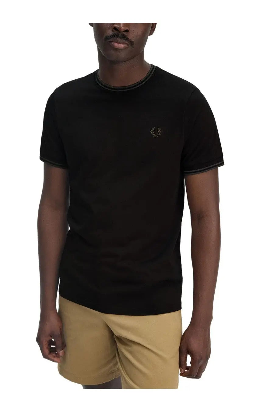 Fred Perry men’s double stripe black t-shirt with subtle embroidered laurel wreath logo and dark trim on neckline and sleeves