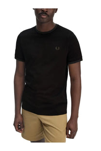 Fred Perry men’s double stripe black t-shirt with subtle embroidered laurel wreath logo and dark trim on neckline and sleeves