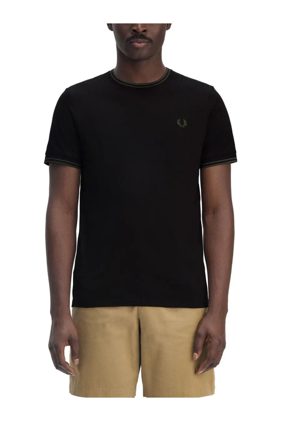 Fred Perry men’s black t-shirt with subtle green trim on collar and cuffs featuring embroidered laurel wreath logo