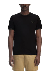 Fred Perry men’s black t-shirt with subtle green trim on collar and cuffs featuring embroidered laurel wreath logo