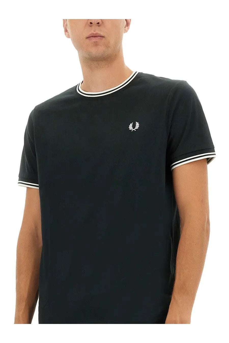 Fred Perry men’s black t-shirt with white collar and sleeve trim featuring embroidered laurel wreath logo on chest