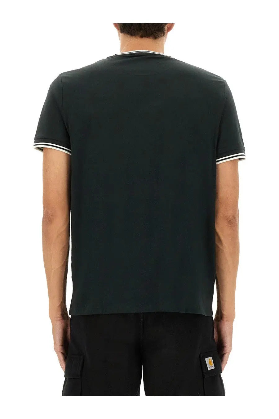 Fred Perry men’s dark green short-sleeved t-shirt with white trim on collar and sleeve cuffs for casual wear